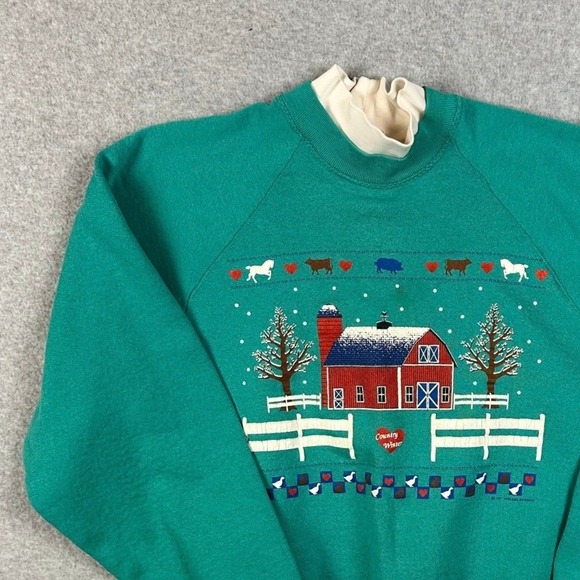 Fruit of the Loom Tops - Vintage Fruit of the Loom Country Winter Mock Neck Sweatshirt Teal XL Barn Farm